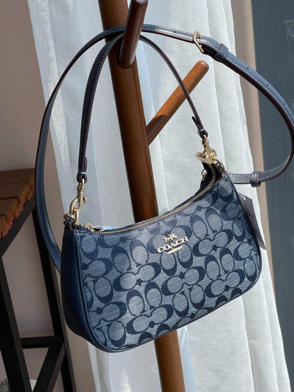 Coach Navy Signature Canvas Shoulder Bag with Gold Hardware